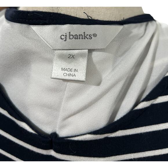 CJ Banks Navy and White Stripe Short Sleeve Lace Up Back Top Size 2X EUC - Picture 2 of 5